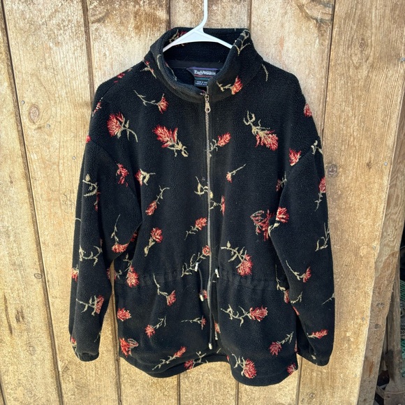 VTG Early Winters Womens Jacket Large Black Full Zip Fleece Floral Vintage - Picture 1 of 12